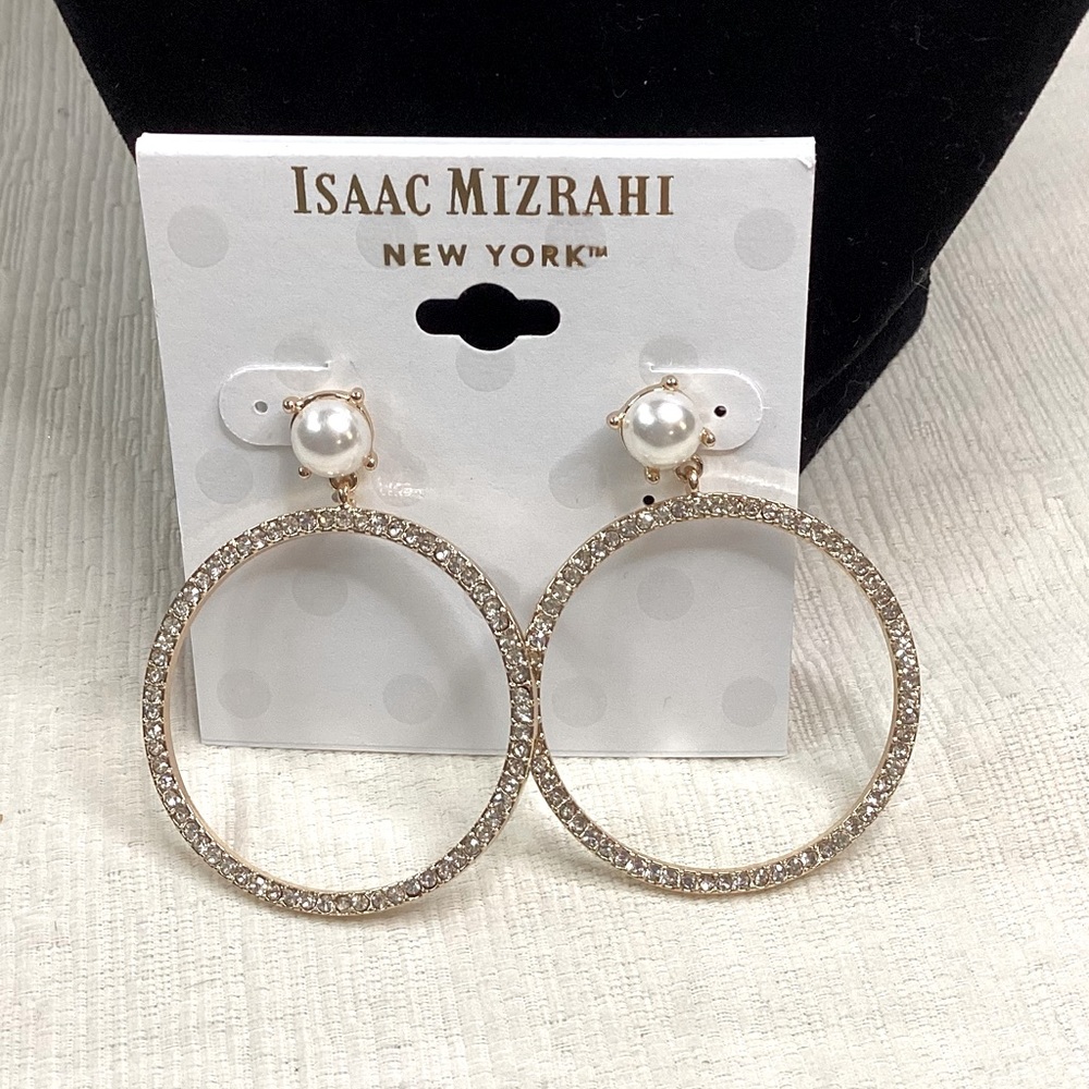 Isaac Mizrahi Gold and White Pearl Hoop Earrings
